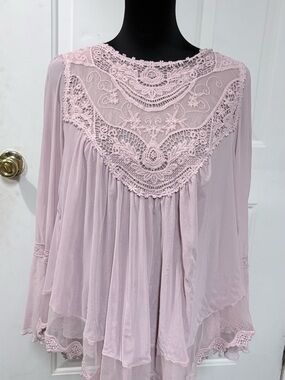 Ultra Pink Lace Yoke Sheer Flutter Blouse - Soft Pink